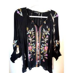 Calessa Black Embroidered Tie Dyed Boho V-Neck Tunic Top 3/4 Sleeves Sz PL